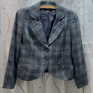Korinna Petite Blazer Jacket Women 10P Gray Plaid Herringbone Excellent Cropped